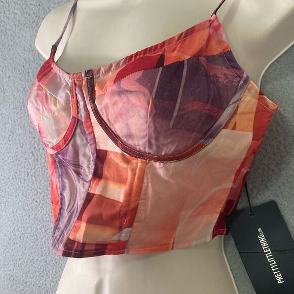 PrettyLittleThing Corset Top Women’s M Orange Geometric Print Strappy Bustier - Picture 6 of 8